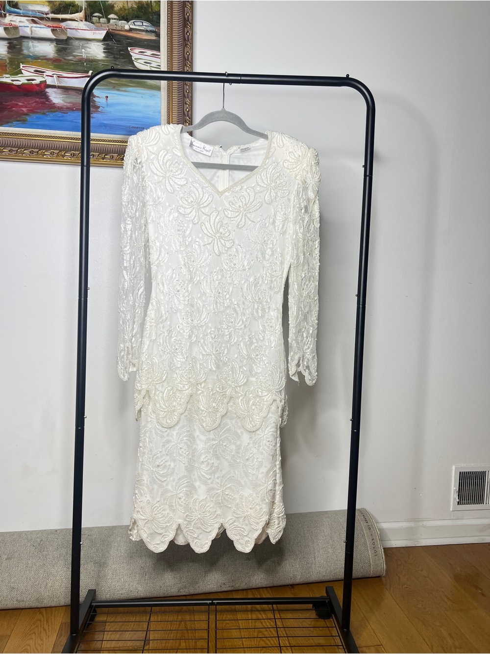 Vintage Laurence Kazar fully beaded Ivory Lace Long Sleeve Sheath Dress